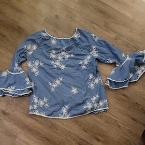 Hannah Light Blue Floral Embroidered Bell-Sleeve Blouse